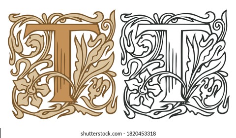 Initial letter T with vintage Baroque decorations. Two vector uppercase letters T in beige and black-white colors. Beautiful filigree capital letter to use for monogram, logo, emblem, card, invitation