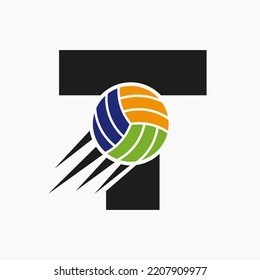 Initial Letter T Volleyball Logo Concept With Moving Volley Ball Icon. Volleyball Sports Logotype Symbol Vector Template