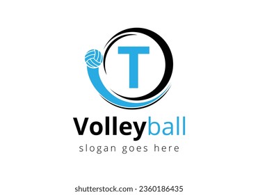 Initial Letter T Volleyball Logo Concept. Volleyball Sports Symbol Vector Template