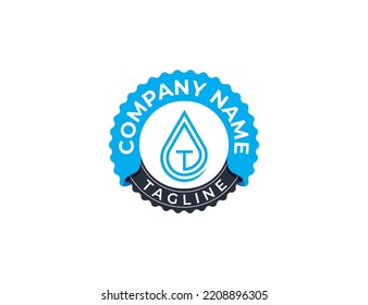 initial Letter T Water Drop Stamp Badge Logo Concept sign icon symbol Design Element Line Art Style. Droplet, Aqua Logotype. Vector illustration template