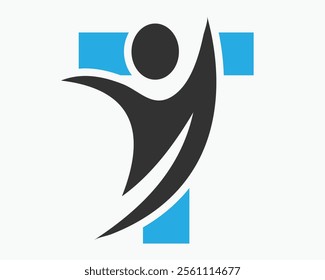 Initial Letter T Wellness Logo Concept With Human Symbol For Healthcare Sign Vector Template