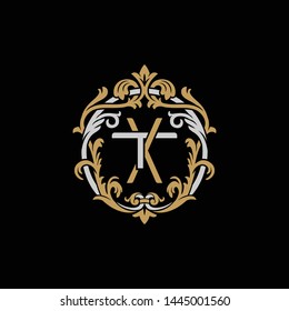 Initial letter T and X, TX, XT, decorative ornament emblem badge, overlapping monogram logo, elegant luxury silver gold color on black background