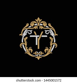 Initial letter T and Y, TY, YT, decorative ornament emblem badge, overlapping monogram logo, elegant luxury silver gold color on black background
