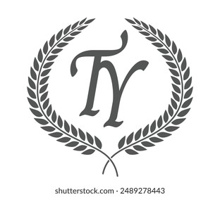 Initial letter T and Y, TY monogram logo design with laurel wreath. Luxury calligraphy font.