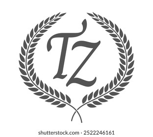 Letra inicial T y Z, diseño del logotipo del monograma TZ con corona de laurel. Fuente de caligrafía de lujo.