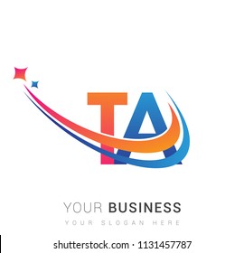 initial letter TA logotype company name colored orange, red and blue swoosh star design. vector logo for business and company identity.