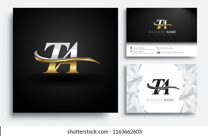initial letter TA logotype company name colored gold and silver swoosh design. Vector sets for business identity on white background.