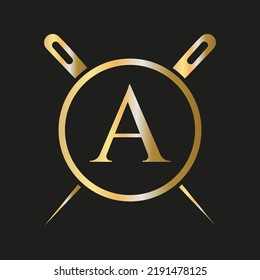 Letra inicial A Logotipo sastre, combinación de aguja y hilo para bordado, textil, de moda, de tela, plantilla de tela