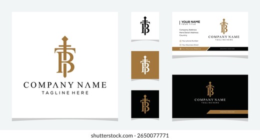 Letra inicial TB BT serif font logo design, ícone espada vetor conceito, modelo cartão de visita