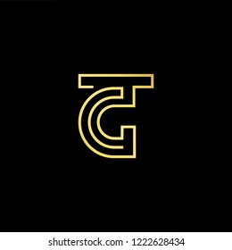 Initial letter TC CT TG GT minimalist art logo, gold color on black background.