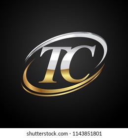initial letter TC logotype company name colored gold and silver swoosh design. isolated on black background.