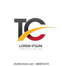 initial letter TC logotype company name colored red, black and yellow swoosh design. isolated on white background.
