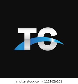 Initial letter TC, overlapping movement swoosh logo, metal silver blue color on black background