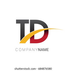 initial letter TD logotype company name colored red, black and yellow swoosh design. isolated on white background.
