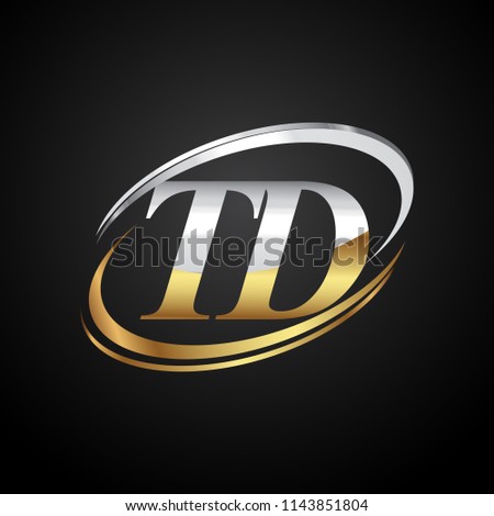 initial letter TD logotype company name colored gold and silver swoosh design. isolated on black background.