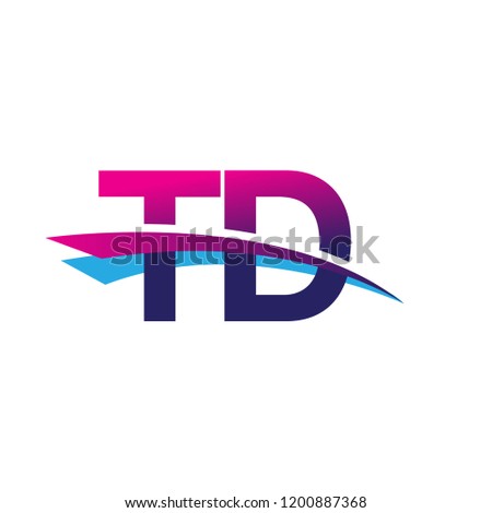 initial letter TD logotype company name colored blue and magenta swoosh design. vector logo for business and company