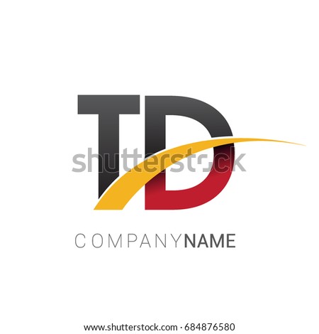 initial letter TD logotype company name colored red, black and yellow swoosh design. isolated on white background.
