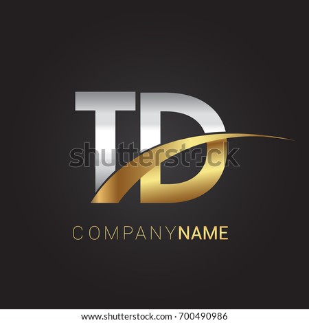 initial letter TD logotype company name colored gold and silver swoosh design. isolated on black background.
