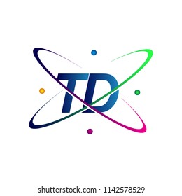 initial letter TD logotype science icon colored blue, red, green and yellow swoosh design. vector logo for business and company identity.

