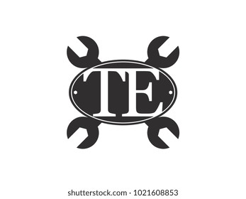 Initial letter TE logo automotive club with crossed wrench black