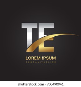 initial letter TE logotype company name colored gold and silver swoosh design. isolated on black background.