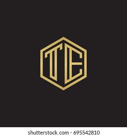 Initial letter TE, minimalist line art hexagon logo, gold color on black background