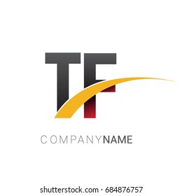 initial letter TF logotype company name colored red, black and yellow swoosh design. isolated on white background.

