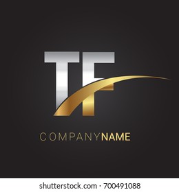 initial letter TF logotype company name colored gold and silver swoosh design. isolated on black background