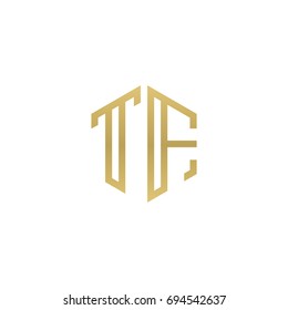 Initial letter TF, minimalist line art hexagon shape logo, gold color