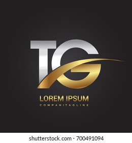 initial letter TG logotype company name colored gold and silver swoosh design. isolated on black background.