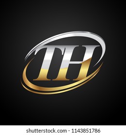 initial letter TH logotype company name colored gold and silver swoosh design. isolated on black background.