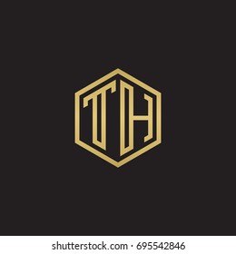 Initial letter TH, minimalist line art hexagon logo, gold color on black background