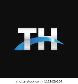 Initial letter TH, overlapping movement swoosh logo, metal silver blue color on black background