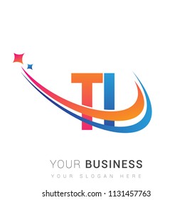 initial letter TI logotype company name colored orange, red and blue swoosh star design. vector logo for business and company identity.