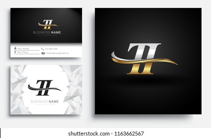 initial letter TI logotype company name colored gold and silver swoosh design. Vector sets for business identity on white background.