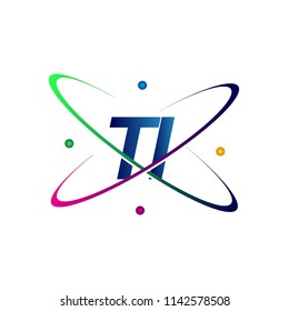 initial letter TI logotype science icon colored blue, red, green and yellow swoosh design. vector logo for business and company identity.
