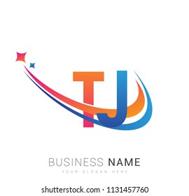initial letter TJ logotype company name colored orange, red and blue swoosh star design. vector logo for business and company identity.