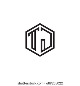 Initial letter TJ, minimalist line art monogram hexagon logo, black color