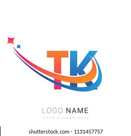 initial letter TK logotype company name colored orange, red and blue swoosh star design. vector logo for business and company identity.