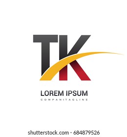 initial letter TK logotype company name colored red, black and yellow swoosh design. isolated on white background.

