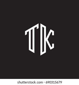 Initial letter TK, minimalist line art monogram hexagon shape logo, white color on black background