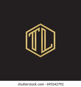 Initial letter TL, minimalist line art hexagon logo, gold color on black background