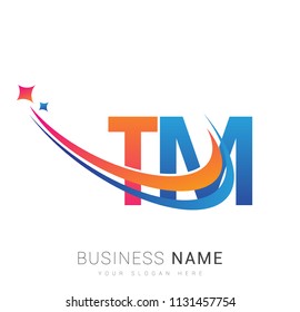 initial letter TM logotype company name colored orange, red and blue swoosh star design. vector logo for business and company identity.