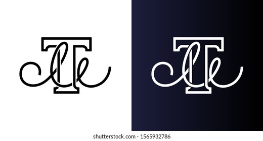 Initial letter TM or MT company name design. Bold serif T and handwrite M corporate identity monogram. Vector symbol on white and black background