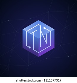 Initial letter TN, block chain, looping mono line circuit letter on hexagon cube logo, blue magenta gradient color on black blue network background