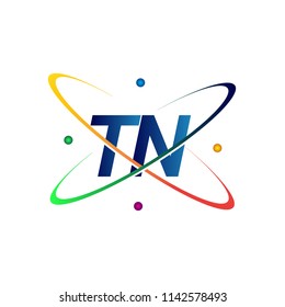 initial letter TN logotype science icon colored blue, red, green and yellow swoosh design. vector logo for business and company identity.

