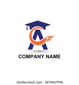 Initial letter A with toga hat  graduation gown and paper plane flying around for education academy logo concept 