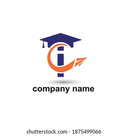 Initial letter i with toga hat graduation gown and paper plane flying around for education academy logo concept