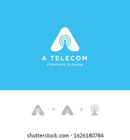 Initial A letter for Tower signal antenna logo and radio signal wave. premium vector illustration