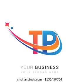 initial letter TP logotype company name colored orange, red and blue swoosh star design. vector logo for business and company identity.
